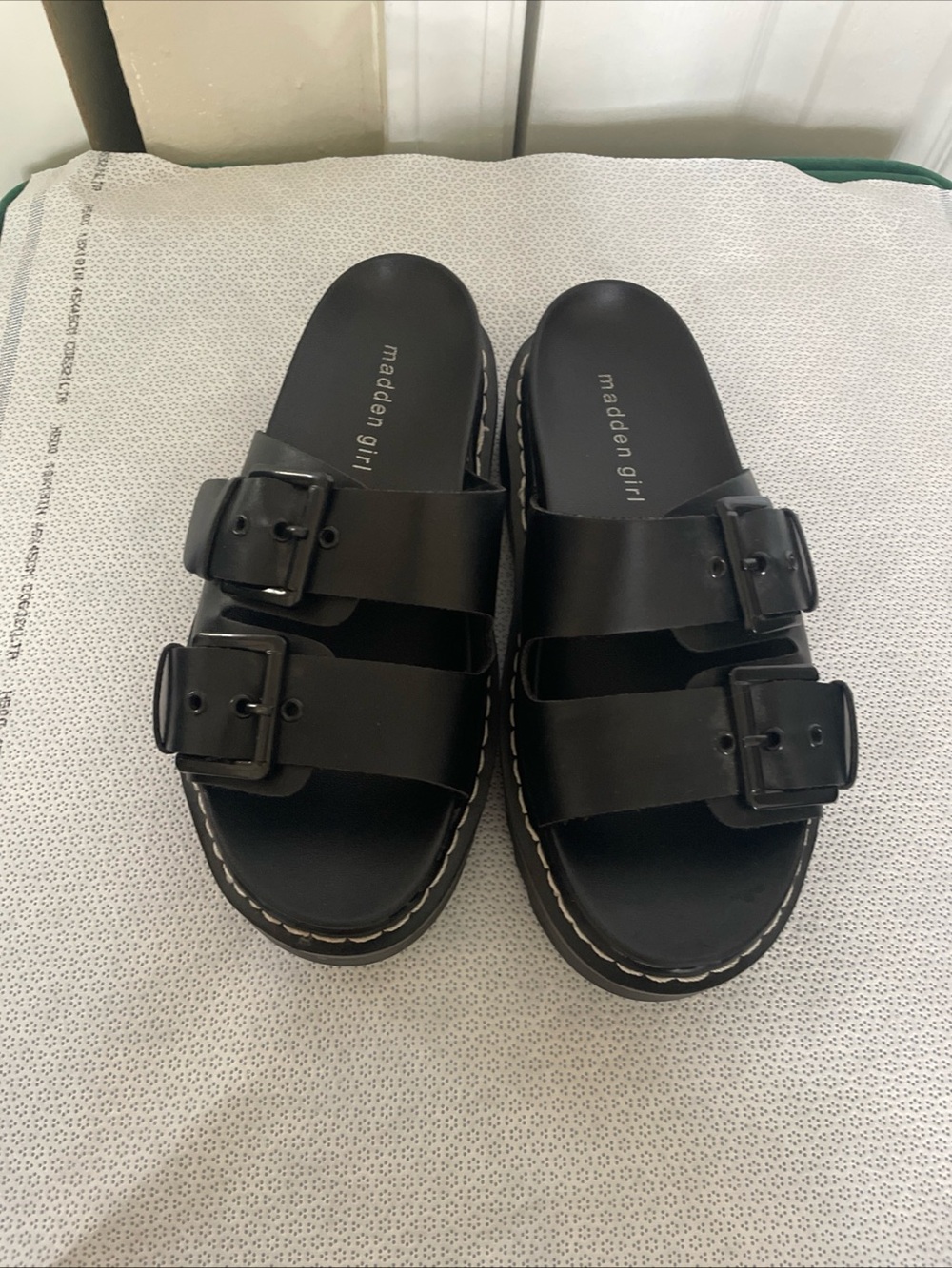 Madden Girl Dizzyy Black Dual-Buckle Platform Slide Sandals